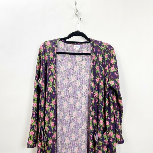 Lularoe Large Womens Unicorn Sarah Purple Rose Print Ribbed Long Cardigan - Picture 2 of 5